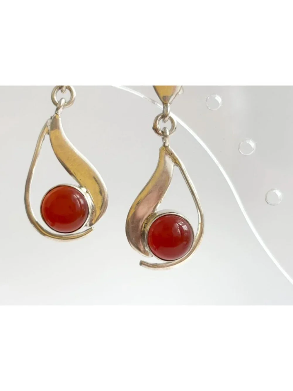 Carnelian Stone Midcentury Modern Stylized Vintage Sterling Silver 925 Earrings
